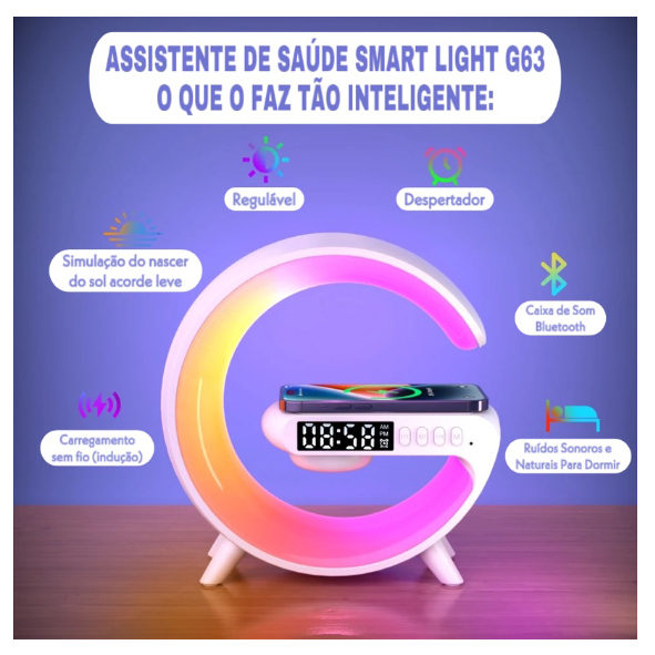 Caxinha de Som G -Speaker COR BRANCA Com Relógio Luminária Bluetooth Inteligente Carregador Sem Fio Led Luz Rgb COM RELÓGIO