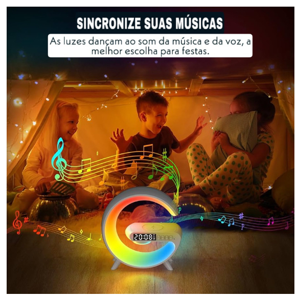 Caxinha de Som G -Speaker COR BRANCA Com Relógio Luminária Bluetooth Inteligente Carregador Sem Fio Led Luz Rgb COM RELÓGIO