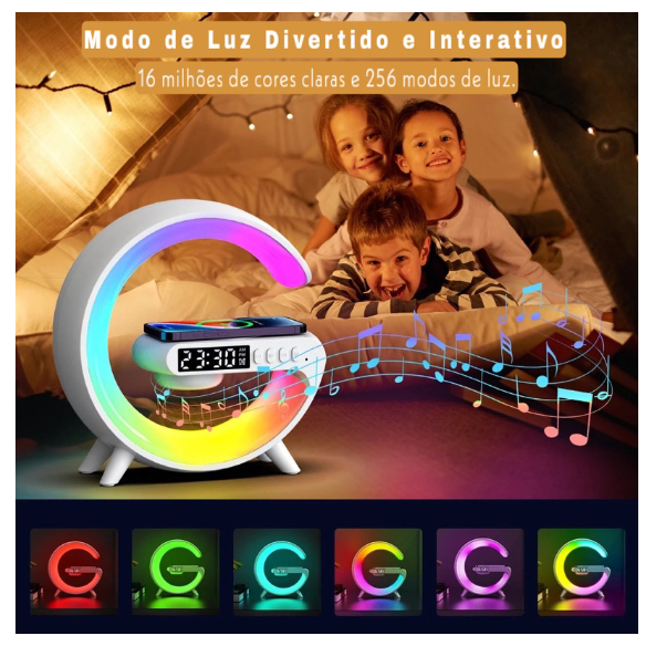 Caxinha de Som G -Speaker COR BRANCA Com Relógio Luminária Bluetooth Inteligente Carregador Sem Fio Led Luz Rgb COM RELÓGIO