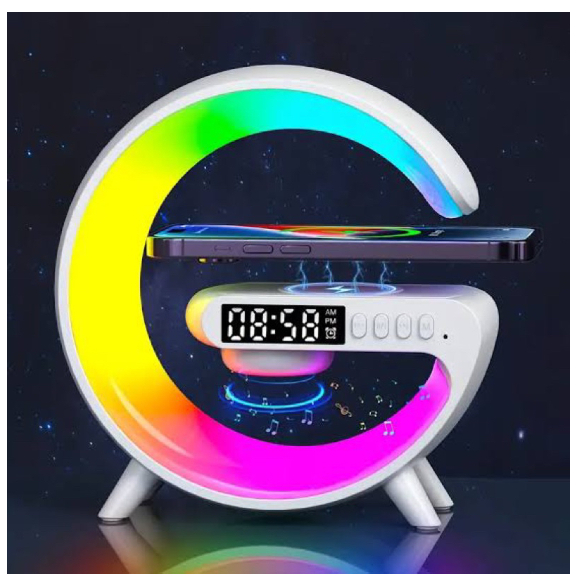 Caxinha de Som G -Speaker COR BRANCA Com Relógio Luminária Bluetooth Inteligente Carregador Sem Fio Led Luz Rgb COM RELÓGIO